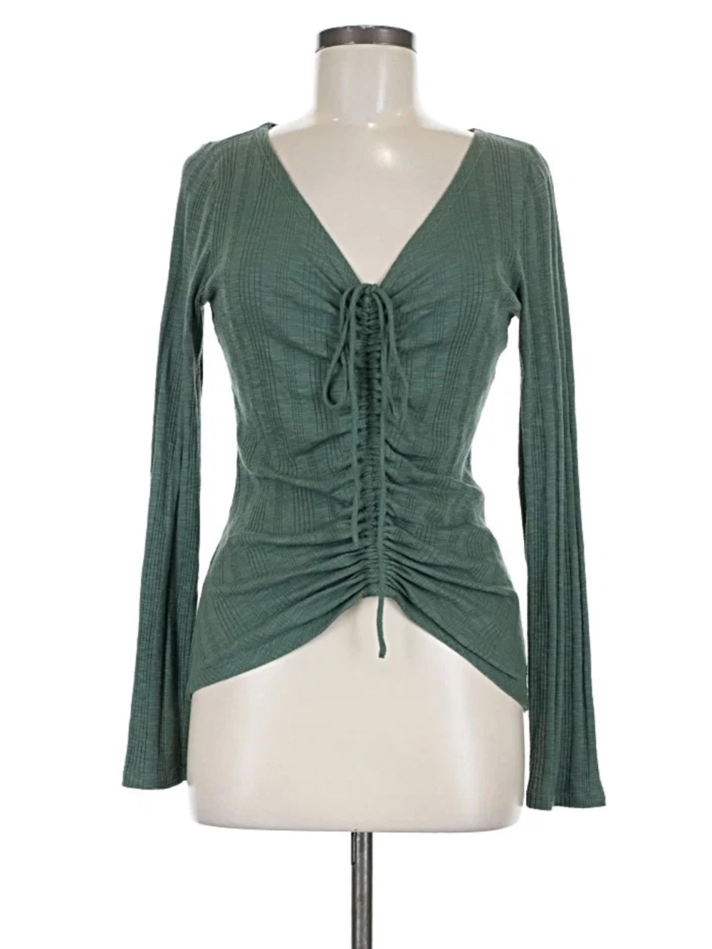 Anthropologie Pilcro Green Long Sleeve Ruched V-Neck Knit Top medium
